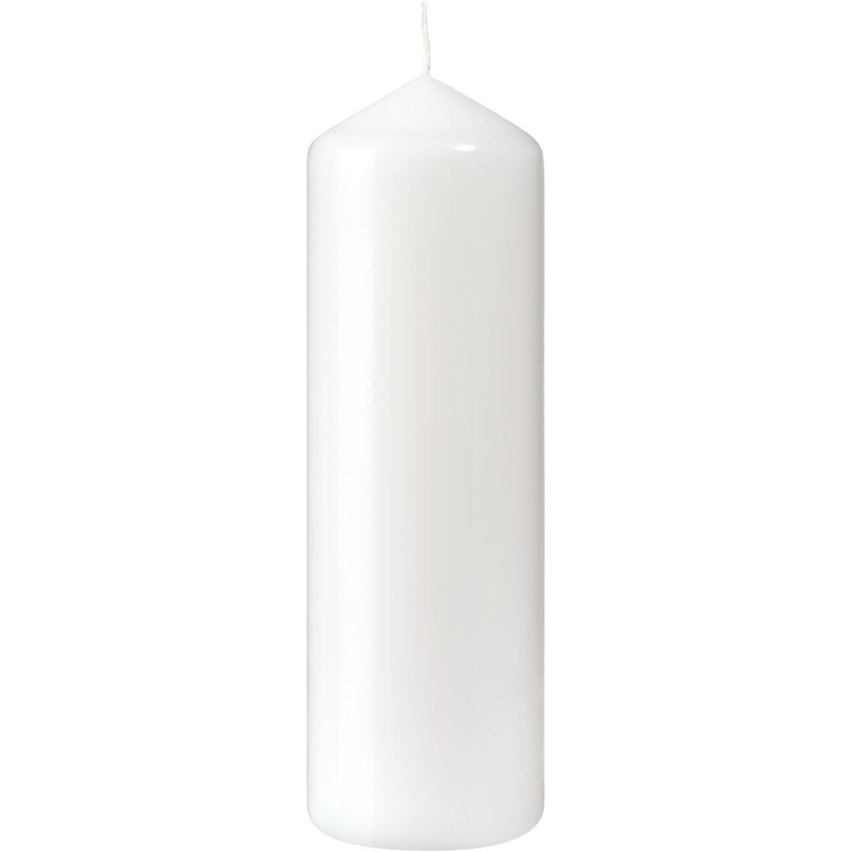 Una candela a colonna bianca (220 x 70 mm, circa 90 ore di combustione) della Duni GmbH con punta appuntita e stoppino non illuminato è in piedi su uno sfondo bianco - ideale per tutti coloro che cercano una luce di candela di lunga durata.