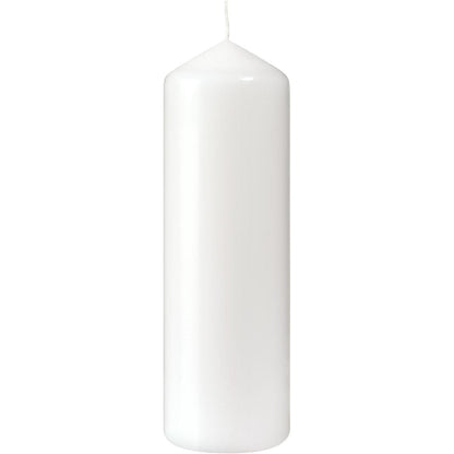 Una candela a colonna bianca (220 x 70 mm, circa 90 ore di combustione) della Duni GmbH con punta appuntita e stoppino non illuminato è in piedi su uno sfondo bianco - ideale per tutti coloro che cercano una luce di candela di lunga durata.