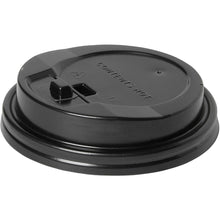 Ein schwarzer Deckel für 181836 Schwarz PS von Duni GmbH (Packung 40 Stück) mit erhabenem Ausguss, Warnhinweis "INHALT HEISS" und Entlüftungsloch ist auf weißem Hintergrund abgebildet - ideal als Gastronomie-Behälterdeckel.