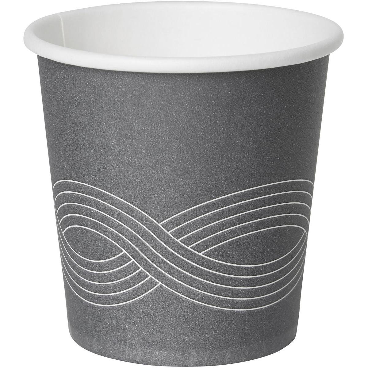 Il Circuit Kaffeebecher Bedruckt PAP/PE della Duni GmbH si presenta in un design grigio con interno bianco e un simbolo di infinito. Questo elegante bicchiere di carta è ideale per servire caffè a qualsiasi evento.