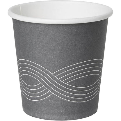 Il Circuit Kaffeebecher Bedruckt PAP/PE della Duni GmbH si presenta in un design grigio con interno bianco e un simbolo di infinito. Questo elegante bicchiere di carta è ideale per servire caffè a qualsiasi evento.