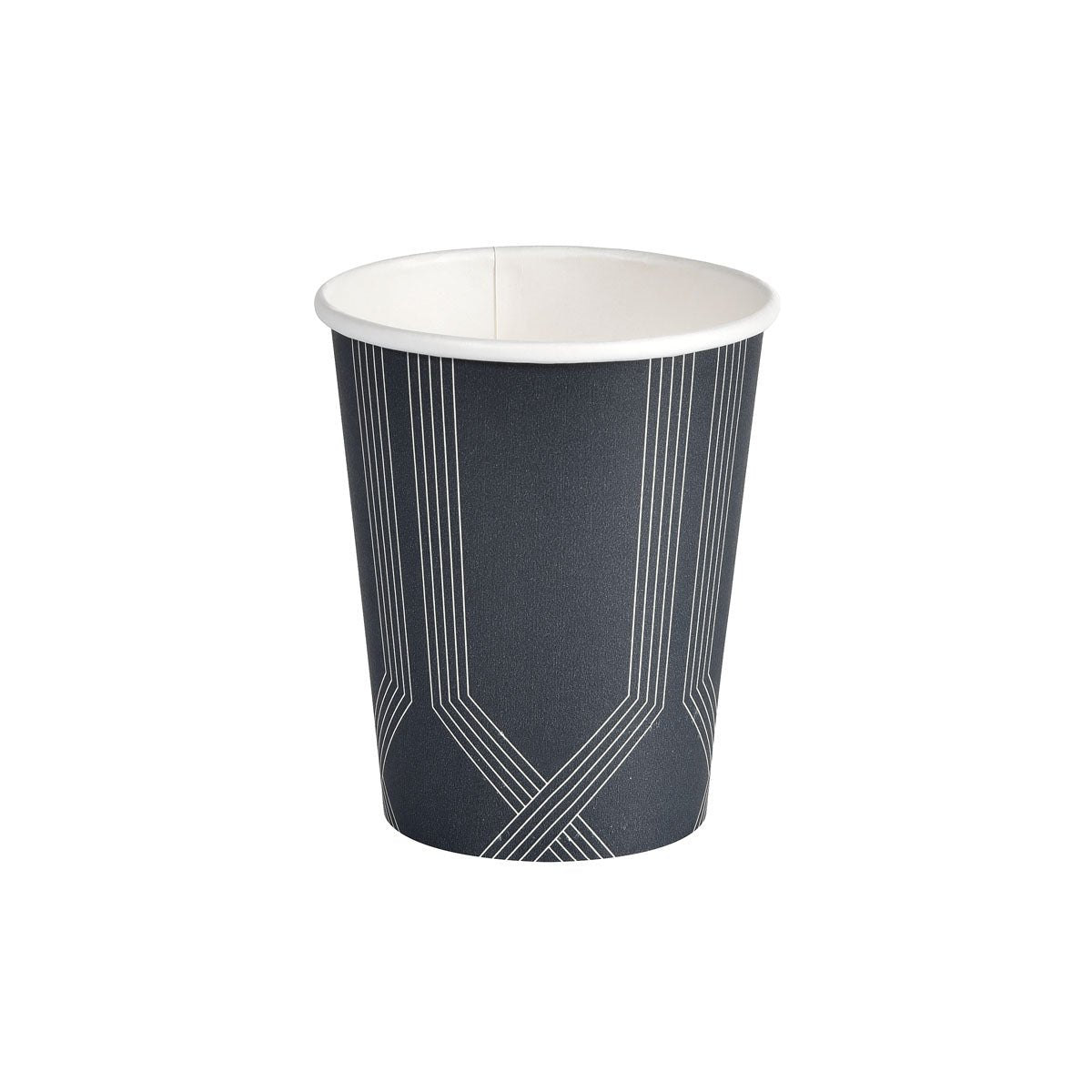 Il Circuit Kaffeebecher Bedruckt PAP/PE della Duni GmbH si erge su uno sfondo bianco e mostra la sua superficie nera con linee geometriche bianche per un look elegante e pratico.