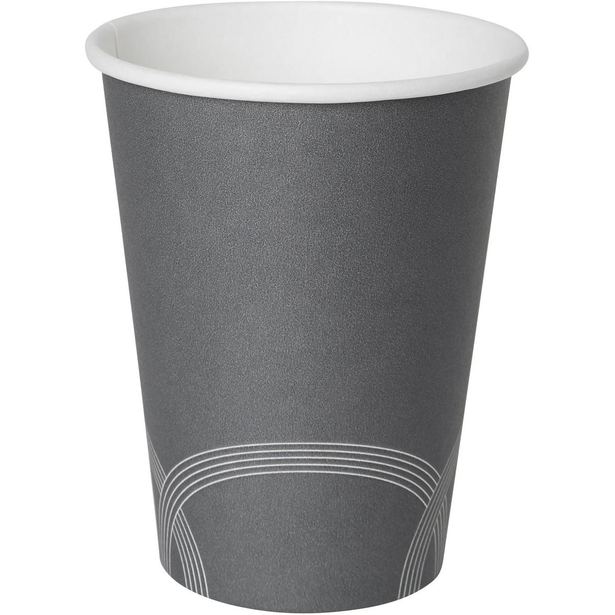 Il Circuit Kaffeebecher Bedruckt PAP/PE grigio della Duni GmbH ha un interno bianco e una semplice linea bianca, sinuosa nella parte inferiore, che si trova su uno sfondo bianco semplice.