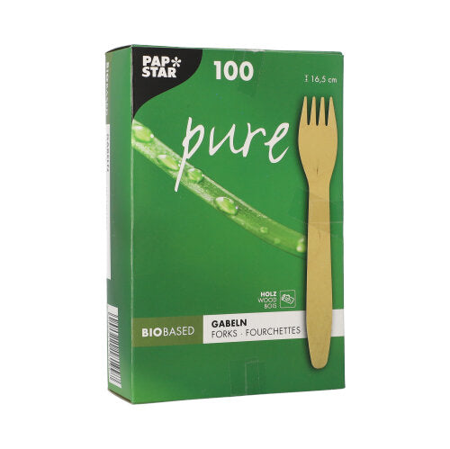 Una scatola verde PAPSTAR con la scritta "pure" contiene 100 forchette di legno ecologiche e stabili (16,5 cm); il marchio PAPSTAR GmbH è in alto a sinistra e un'immagine della forchetta di legno appare sul lato destro della scatola pieghevole.