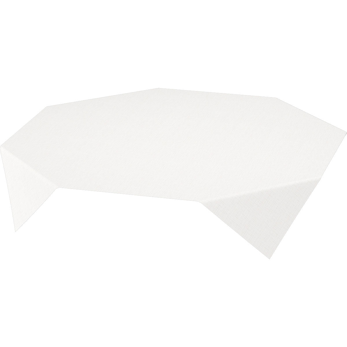 Un semplice tavolo rettangolare bianco è drappeggiato con una tovaglia Duni GmbH Dunisilk 84x84 cm Linnea bianca (confezione da 100 pezzi), mostrata in diagonale davanti a uno sfondo bianco.