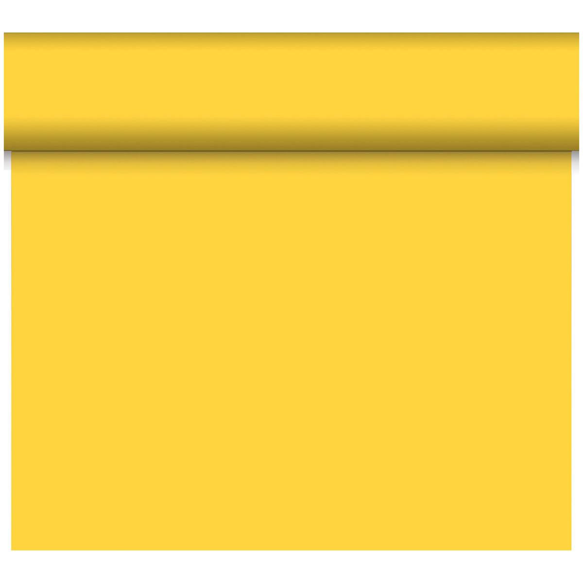 Ein teilweise ausgerollter Dunicel-Tischläufer Tête-à-Tête 24 m x 0,4 m (20 Abschnitte) der Duni GmbH wirft einen weichen Schatten auf seine glatte, gleichmäßig gefärbte Oberfläche - perfekt für eine stilvolle Tischdekoration bei Ihrem nächsten Tête-à-Tête.