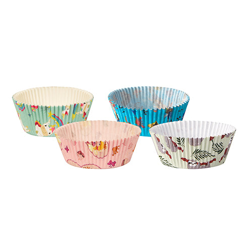 60er Set PAPSTAR Backförmchen (Ø 5 cm, H 2,5 cm) der PAPSTAR GmbH in Grün, Pink, Blau und Weiß mit bunten Tier-, Regenbogen- und Pflanzenmotiven – ideal für Cupcakes oder Muffins. Abgebildet auf weißem Hintergrund.