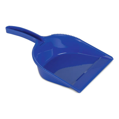 Una paletta HACCP senza bordo della Nölle Profi Brush in plastica blu con manico, bordi laterali dentellati e bordo anteriore piatto giace vuota su sfondo bianco. Da Nölle Profi Brush Bürsten- & Pinseltechnik e.K.