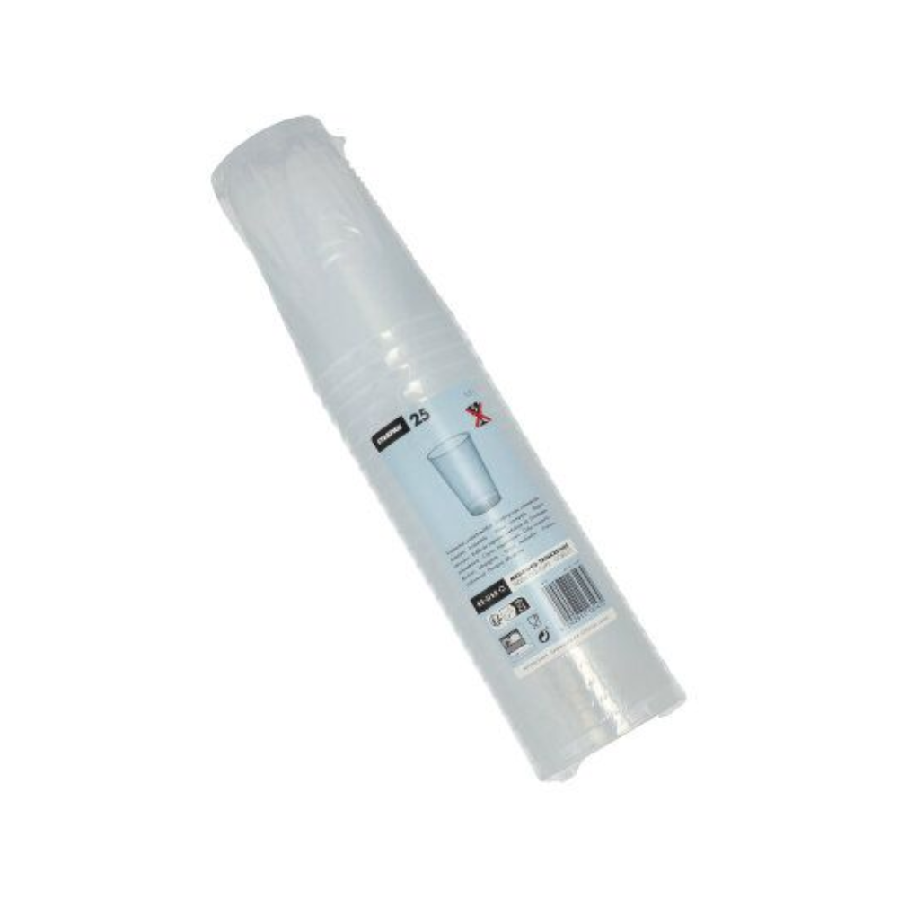 Una confezione di bicchieri monouso trasparenti e infrangibili, confezionata in plastica, con la scritta "Bicchiere di plastica riutilizzabile Starpak (PP) 0,3 l Ø 7,8 cm · 11,8 cm" contiene 25 pezzi. L'etichetta è dotata di simboli di riciclaggio e un codice a barre, i bicchieri sono impilati verticalmente nella confezione.