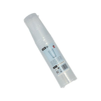 Una confezione di bicchieri monouso trasparenti e infrangibili, confezionata in plastica, con la scritta "Bicchiere di plastica riutilizzabile Starpak (PP) 0,3 l Ø 7,8 cm · 11,8 cm" contiene 25 pezzi. L'etichetta è dotata di simboli di riciclaggio e un codice a barre, i bicchieri sono impilati verticalmente nella confezione.