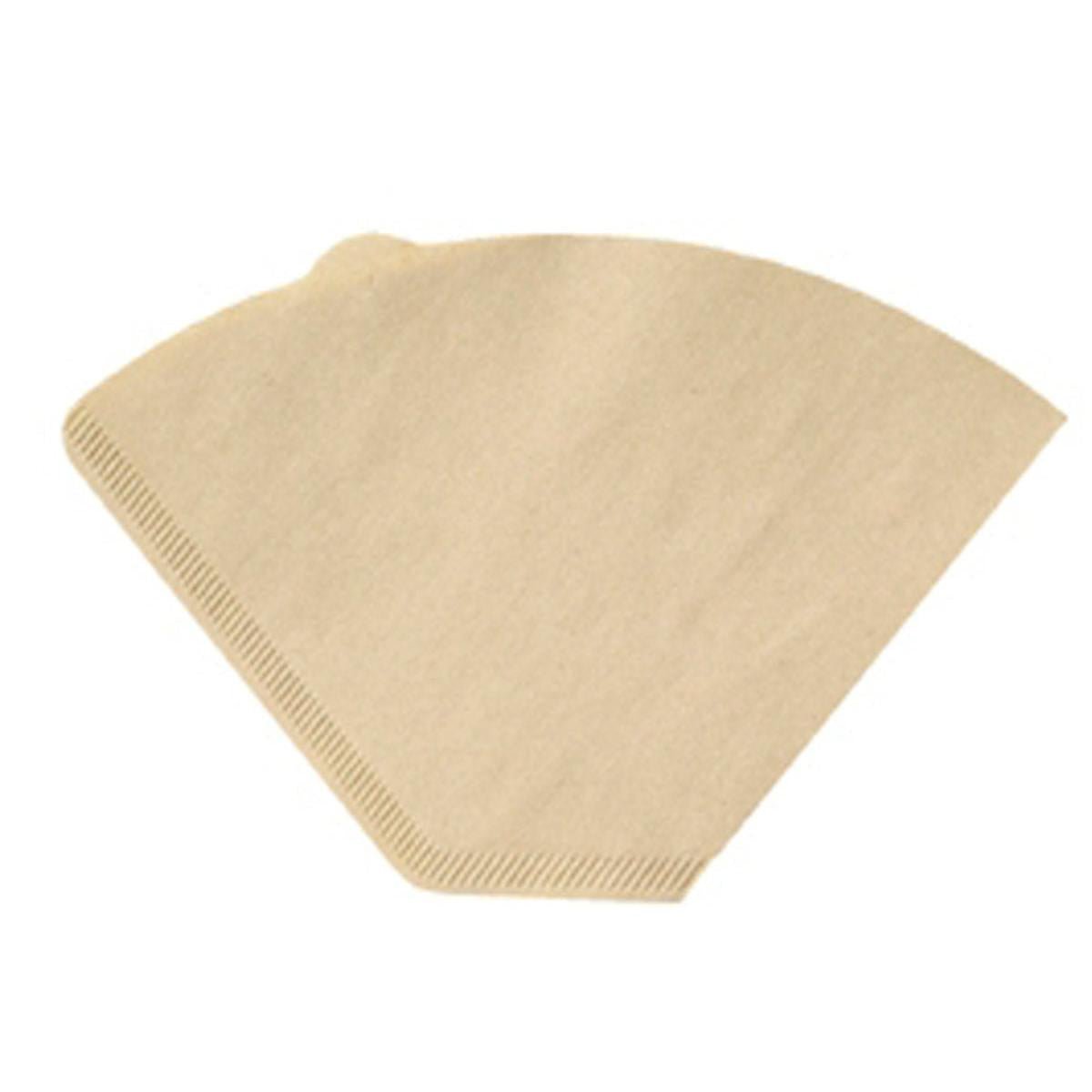 Un singolo filtro da caffè in carta marrone non sbiancata, piatto, 1x4 (190x150 mm) della Duni GmbH per macchine da caffè da 1L, con forma conica e bordo scanalato, raffigurato su sfondo bianco. La confezione contiene 200 pezzi.