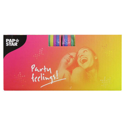 Una confezione rettangolare rosa-gialla della PAPSTAR GmbH mostra due donne sorridenti, "Partygefühle!" e una finestra con PAPSTAR 3 stelle filanti 4 m - decorazione di alta qualità in confezione da 3 - in strisce luminose.