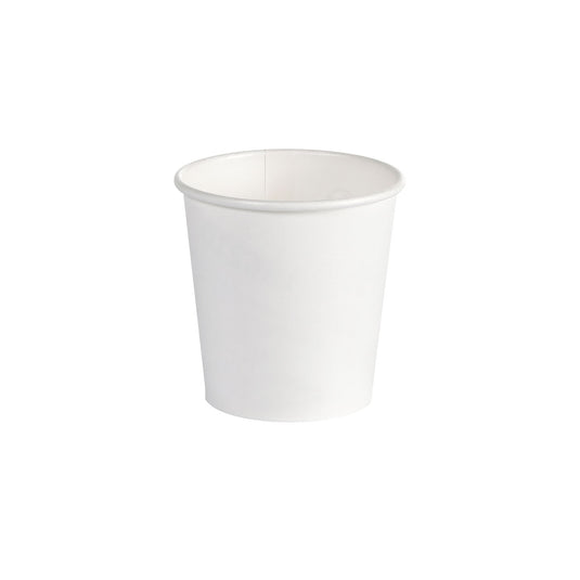 Una tazza di caffè bianca in PAP/PLA di Duni GmbH con una capacità di 120 ml è centrata su uno sfondo bianco; la confezione contiene 45 pezzi.