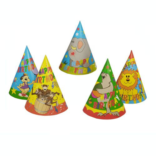 Il PAPSTAR 5 cappellini della PAPSTAR GmbH è composto da cinque cappelli di compleanno colorati e a forma di cono con la scritta "Happy Birthday" e animali dei fumetti come scimmia, elefante e leone in design colorati, disposti su sfondo bianco.