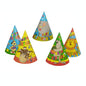 Il PAPSTAR 5 cappellini della PAPSTAR GmbH è composto da cinque cappelli di compleanno colorati e a forma di cono con la scritta "Happy Birthday" e animali dei fumetti come scimmia, elefante e leone in design colorati, disposti su sfondo bianco.