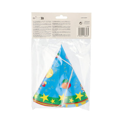 In una confezione trasparente della PAPSTAR GmbH sono inclusi cinque colorati cappellini da festa a forma di cono "PAPSTAR 5 cappellini" con motivo festivo, sull'etichetta superiore sono presenti un manuale d'uso e un codice a barre.