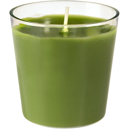 La ricarica Switch & Shine di Duni GmbH è una candela ricaricabile verde (~30 ore di durata, 65x65 mm) in un vetro trasparente con un singolo stoppino bianco disposto centralmente.