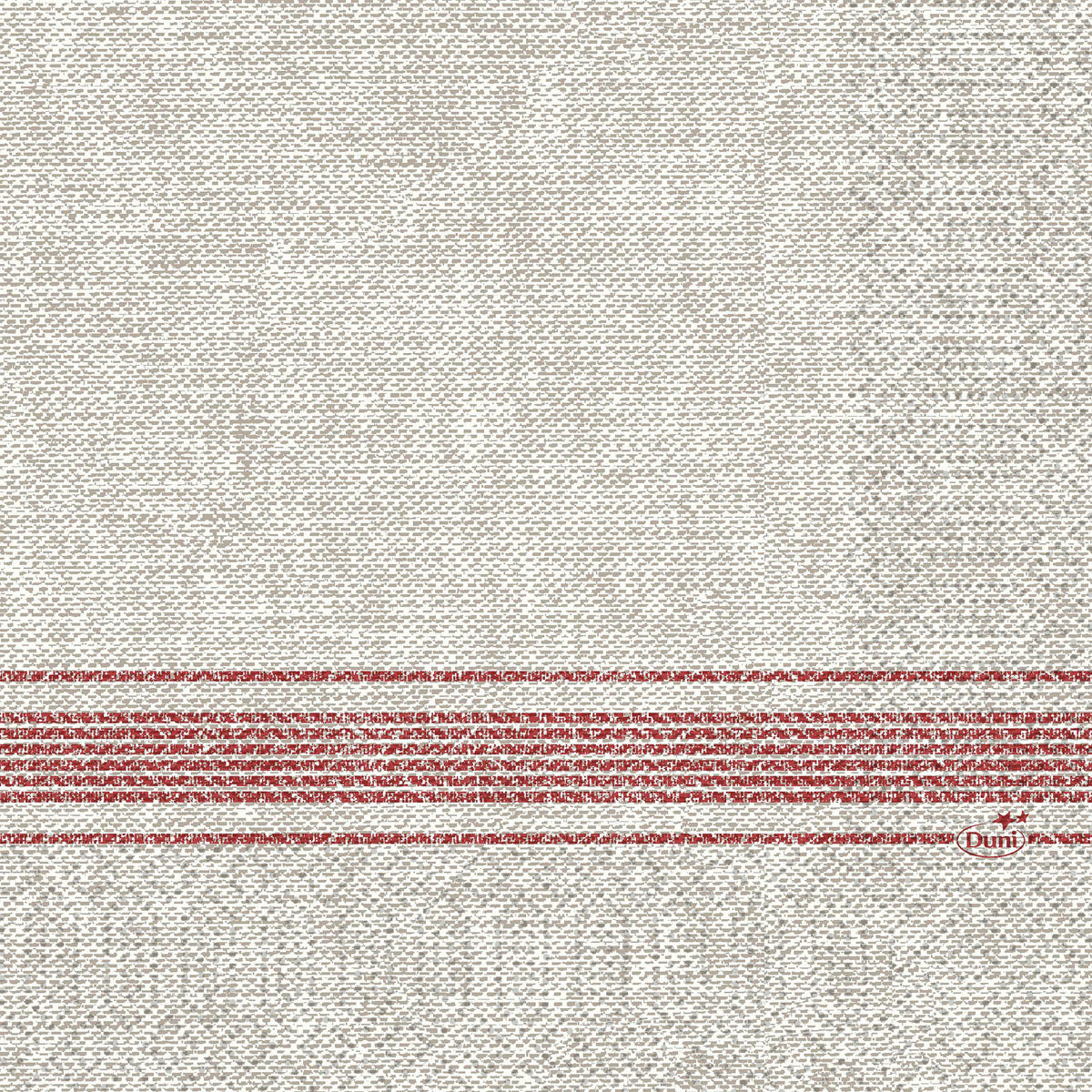 Diese 33 x 33 cm großen, 3-lagigen Zelltuchservietten der Duni GmbH in Cocina bordeaux haben einen beigen Strukturstoff mit roten Querstreifen und dem Schriftzug Duni" in roter Schrift am Rand; Packung enthält 250 Stück.