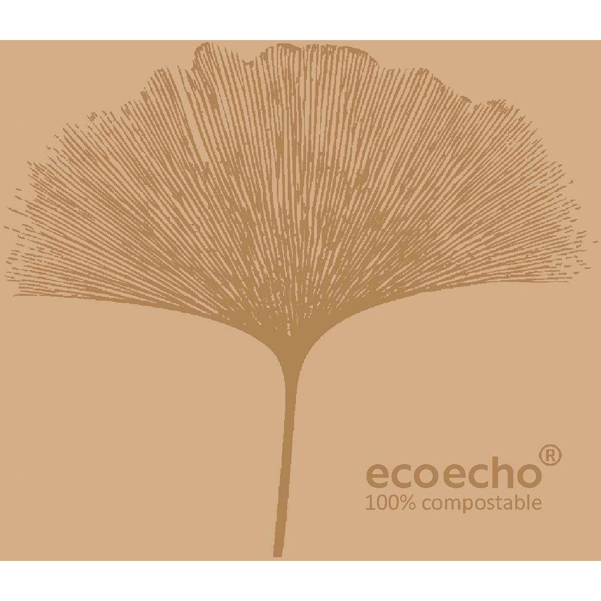 Una foglia marrone stilizzata con venature a raggiera si trova al centro di uno sfondo marrone chiaro. Nell'angolo in basso a destra è scritto "ecoecho® 100% compostabile" - ideale per i tovaglioli Dunisoft da 20 x 20 cm della Duni GmbH.