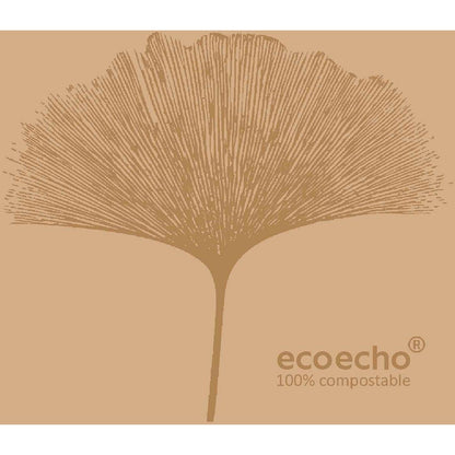 Una foglia marrone stilizzata con venature a raggiera si trova al centro di uno sfondo marrone chiaro. Nell'angolo in basso a destra è scritto "ecoecho® 100% compostabile" - ideale per i tovaglioli Dunisoft da 20 x 20 cm della Duni GmbH.
