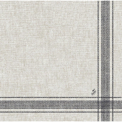 I tovaglioli Dunilin color beige 40 x 40 cm 1/4 piega della Duni GmbH sono realizzati in tessuto di alta qualità con una struttura intrecciata e linee a griglia nere incrociate in un angolo - perfetti per ambienti eleganti.