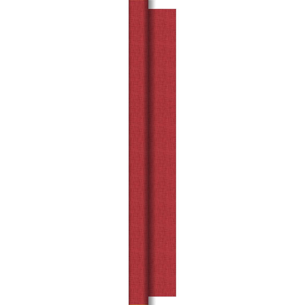 Un rotolo di tovaglie Dunisilk strutturato a strisce verticali rosse 1,18 m x 25 m di Duni GmbH con un motivo a trama discreto e una piega curva che lascia intravedere un sottile bordo argento sul lato destro.