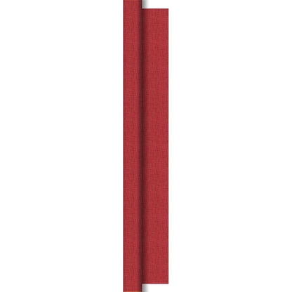 Un rotolo di tovaglie Dunisilk strutturato a strisce verticali rosse 1,18 m x 25 m di Duni GmbH con un motivo a trama discreto e una piega curva che lascia intravedere un sottile bordo argento sul lato destro.