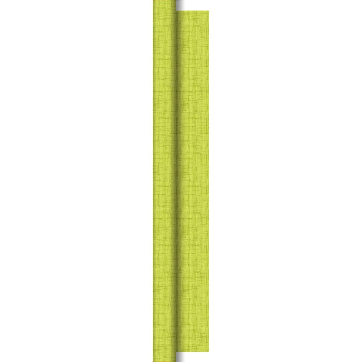Un primo piano di due rotoli verticali di tovaglie Dunisilk verde chiaro 1,18 m x 25 m di Duni GmbH con linee strutturate simili a tessuto su uno sfondo a tinta unita, che mostra effetti di luce e ombra sottili sui bordi.