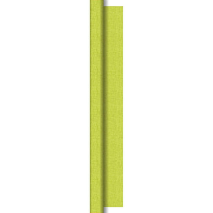 Un primo piano di due rotoli verticali di tovaglie Dunisilk verde chiaro 1,18 m x 25 m di Duni GmbH con linee strutturate simili a tessuto su uno sfondo a tinta unita, che mostra effetti di luce e ombra sottili sui bordi.