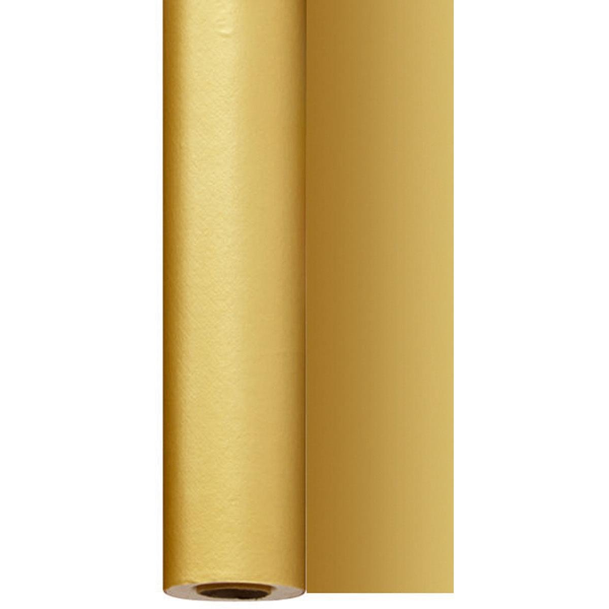 Un rotolo di tovaglie Dunisilk 1,18 m x 25 m di Duni GmbH è mostrato in posizione verticale e parzialmente srotolato, mettendo in risalto la superficie liscia e lucida dorata - ideale per occasioni speciali nella ristorazione.