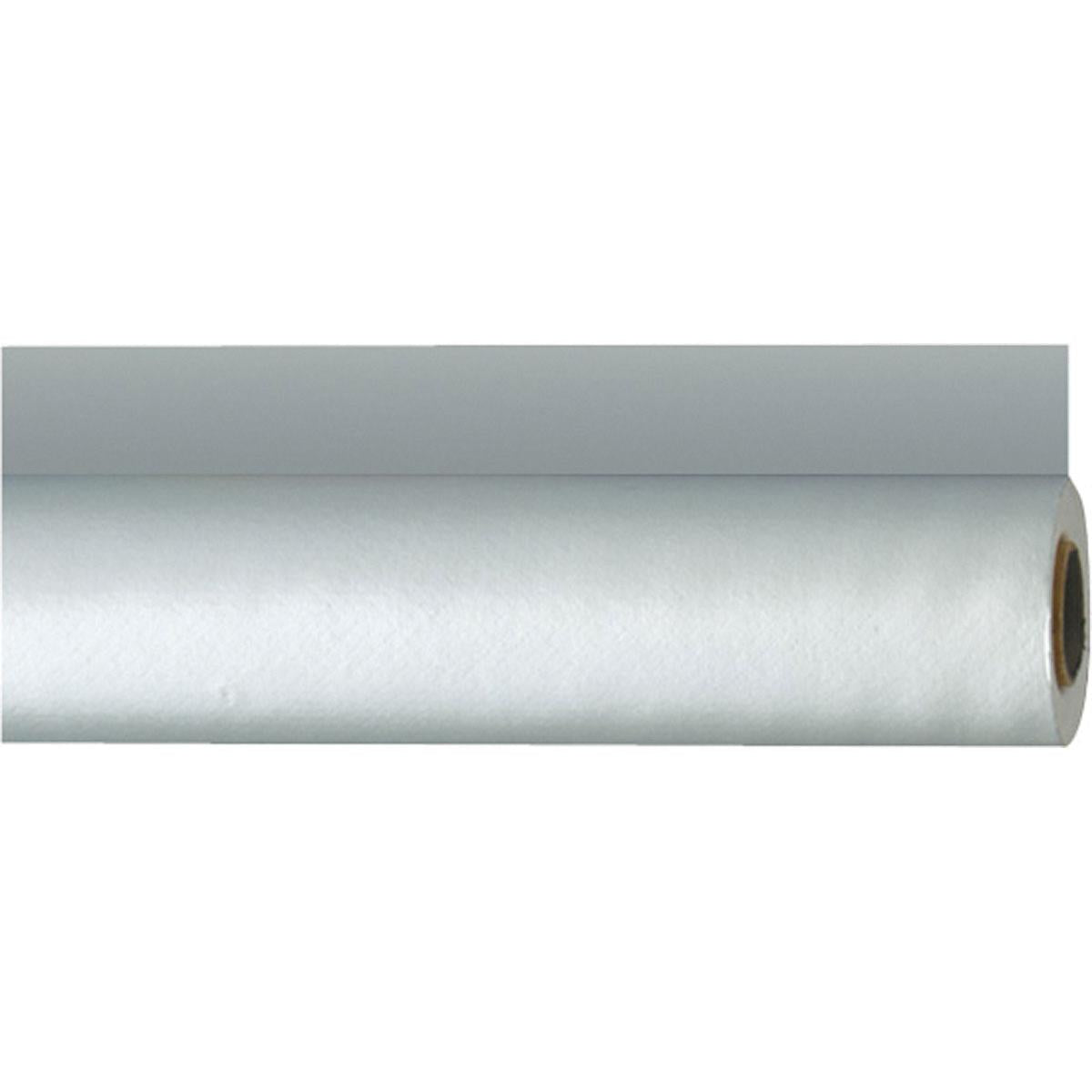Un rotolo di tovaglie Dunisilk di Duni GmbH (1,18 m x 25 m) con anima in cartone visibile è posizionato orizzontalmente su una superficie liscia - ideale per la ristorazione o occasioni speciali.
