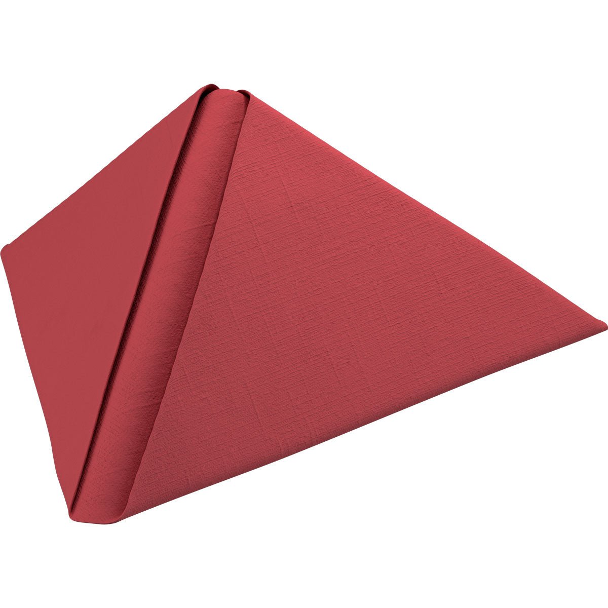 Un tovagliolo Dunilin rosso 40 x 40 cm 1/4 piega della Duni GmbH è piegato a forma di piramide triangolare su uno sfondo bianco e mostra il suo tessuto di alta qualità con un motivo strutturato discreto.