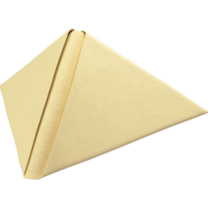 Un tovagliolo Dunilin giallo chiaro 40 x 40 cm 1/4 piega della Duni GmbH è piegato in piedi a forma di triangolo su uno sfondo bianco e presenta una struttura simile a un tessuto di alta qualità con motivi intrecciati visibili.
