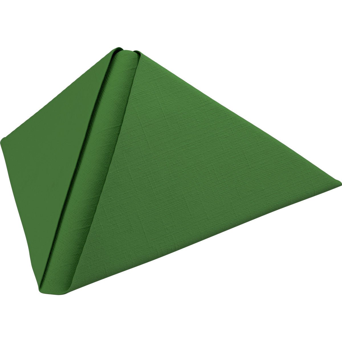 Un tovagliolo Dunilin verde 40 x 40 cm 1/4 piega di Duni GmbH è piegato a forma di piramide triangolare e raffigurato su uno sfondo bianco.