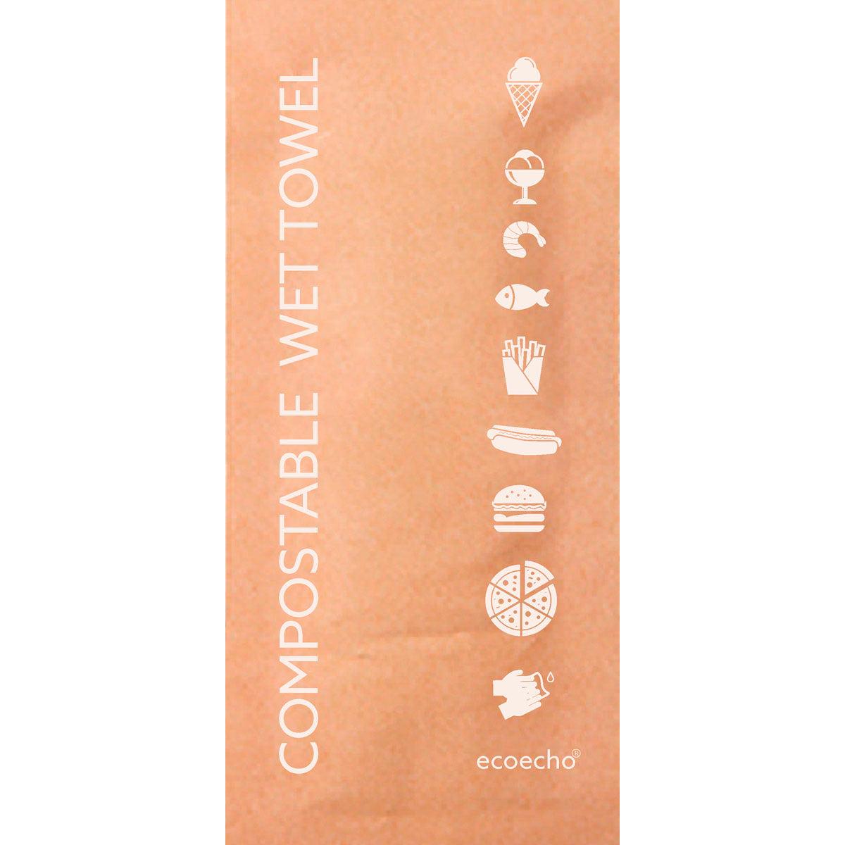 Una confezione marrone con la scritta "Salvietta rinfrescante 60x130 mm, compostabile" della Duni GmbH, con simboli alimentari bianchi e il logo "ecoecho". Questa confezione ecologica (250 pezzi) è ideale per un rinfresco consapevole dell'ambiente.
