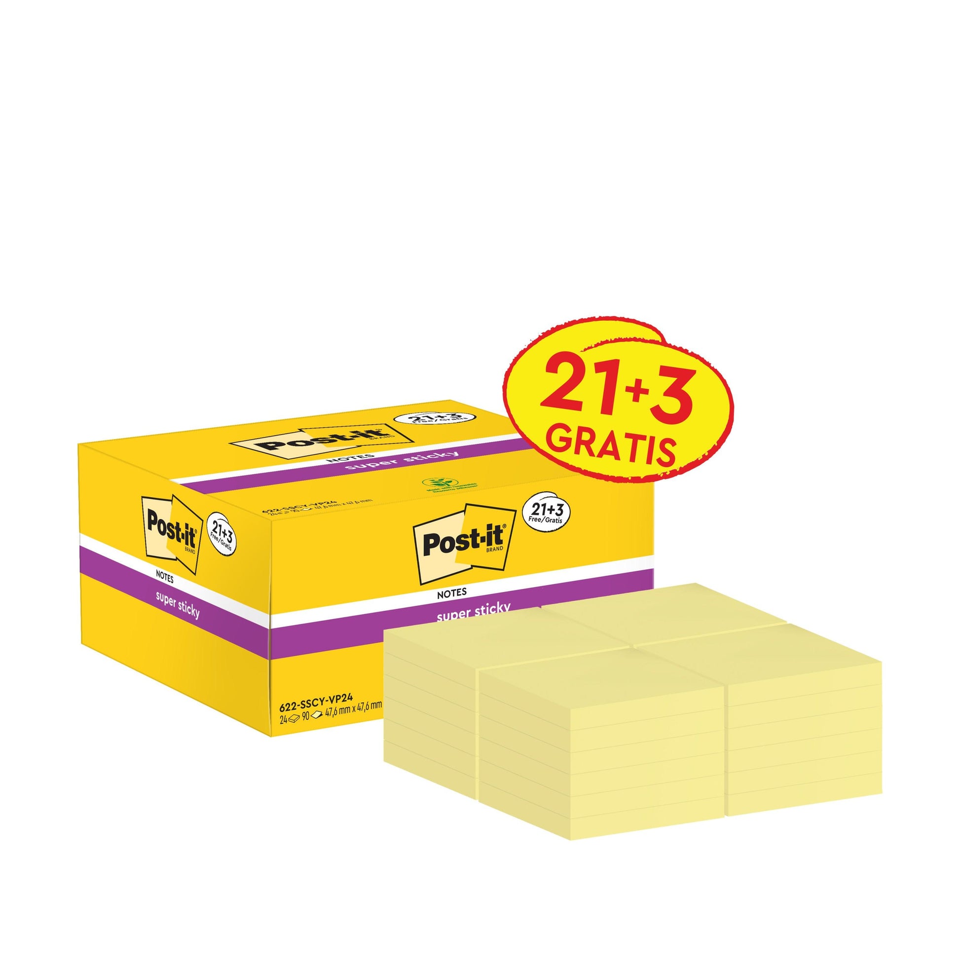 Eine gelbe Schachtel Post-it® Super Sticky Notes (3M Deutschland GmbH), 47,6 x 47,6 mm, Promotion Pack: 21 Blöcke + 3 gratis (90 Blatt/Block, gelb, PEFC-zertifiziert) ist mit vier Blöcken davor abgebildet.