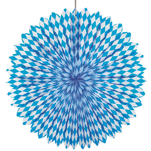 Il PAPSTAR ventaglio decorativo Ø 75 cm, Blu Bavarese, di PAPSTAR GmbH, presenta un motivo a rombi blu e bianco ed è realizzato in materiale ignifugo - ideale per la decorazione dell'Oktoberfest.