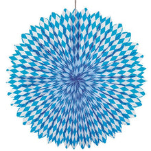 Il PAPSTAR ventaglio decorativo Ø 75 cm, Blu Bavarese, di PAPSTAR GmbH, presenta un motivo a rombi blu e bianco ed è realizzato in materiale ignifugo - ideale per la decorazione dell'Oktoberfest.