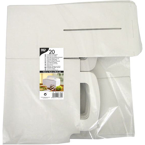 Un imballaggio trasparente della PAPSTAR GmbH contiene 20 lunch-box piatte bianche "pure" in cartone (12,5 x 15,5 x 22,5 cm) con manico. L'etichetta mostra informazioni sul prodotto, un'immagine del cartone assemblato e sottolinea il cartone ecologico.