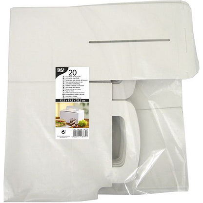 Un imballaggio trasparente della PAPSTAR GmbH contiene 20 lunch-box piatte bianche "pure" in cartone (12,5 x 15,5 x 22,5 cm) con manico. L'etichetta mostra informazioni sul prodotto, un'immagine del cartone assemblato e sottolinea il cartone ecologico.