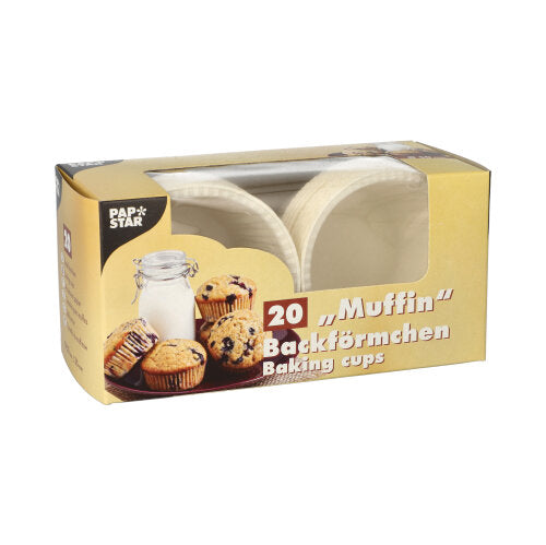Una scatola con 20 pirottini per muffin bianchi PAPSTAR (Ø 5 cm, 3,5 cm di altezza) della PAPSTAR GmbH viene in una scatola pieghevole con finestra e motivo muffin.