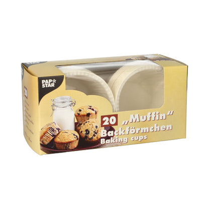 Una scatola con 20 pirottini per muffin bianchi PAPSTAR (Ø 5 cm, 3,5 cm di altezza) della PAPSTAR GmbH viene in una scatola pieghevole con finestra e motivo muffin.