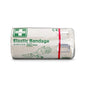 Un rotolo Orkla Wound Care AB benda elastica 8 cm x ca. 4 m con clip (1 pezzo) viene fornito in una confezione trasparente con un'etichetta verde-bianca che mostra come applicare la benda su un braccio.