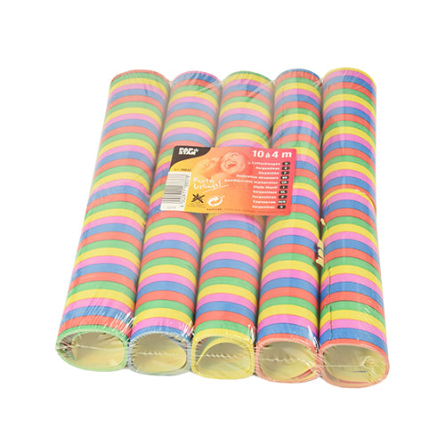 Dieci stelle filanti ignifughe PAPSTAR "Stripes" (ciascuna 4 m) di PAPSTAR GmbH vengono in una confezione trasparente con etichetta frontale. Le stelle filanti presentano diversi colori brillanti, perfetti per la decorazione di feste.