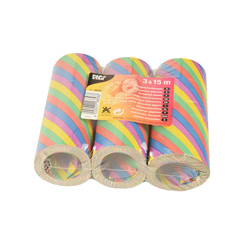 Tre rotoli PAPSTAR 3 stelle filanti giganti (15 m, ignifughe) della PAPSTAR GmbH, con strisce oblique colorate e confezione di plastica con etichetta arancione - ideali per decorazioni di festa.