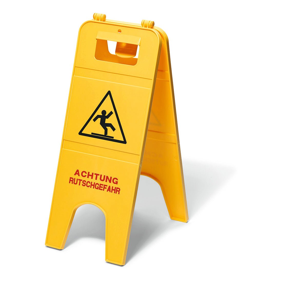 Il cartello di avvertimento Nölle Profi Brush in plastica resistente (60 cm) con persona scivolante e avviso rosso "ATTENZIONE PERICOLO DI SCIVOLAMENTO" avverte in modo affidabile su sfondo bianco di pavimenti scivolosi.