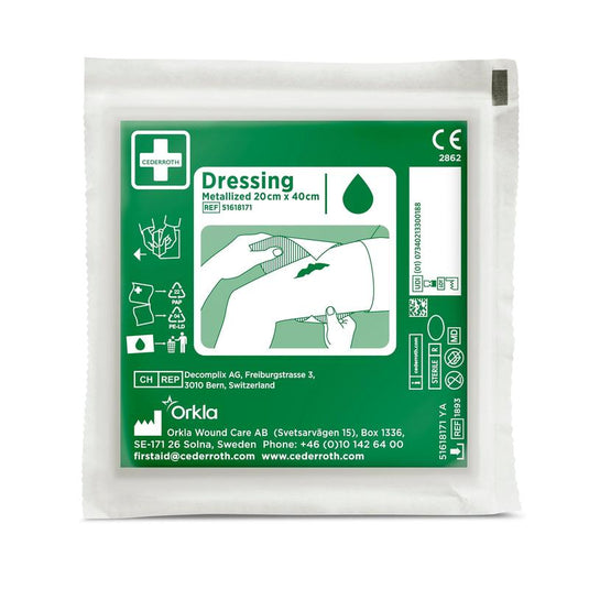 Una confezione verde e bianca con la scritta "Cederroth Netzverband | Confezione (1 pezzo)" di Orkla Wound Care AB riporta sul lato anteriore istruzioni illustrate per la cura delle ferite, dettagli sul prodotto, informazioni sull'azienda e simboli medici.