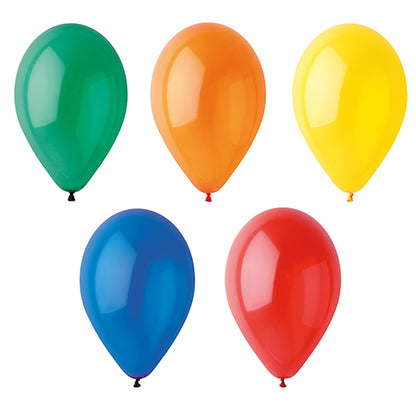 Cinque PAPSTAR 10 palloncini Ø 25 cm assortiti per colore della PAPSTAR GmbH sono nei colori verde, arancione, giallo (fila superiore) e blu e rosso (fila inferiore) su uno sfondo bianco semplice.