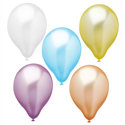 Cinque lucenti PAPSTAR palloncini (Ø 25 cm, assortiti per colore) della PAPSTAR GmbH sono disposti in un leggero arco su uno sfondo bianco semplice.