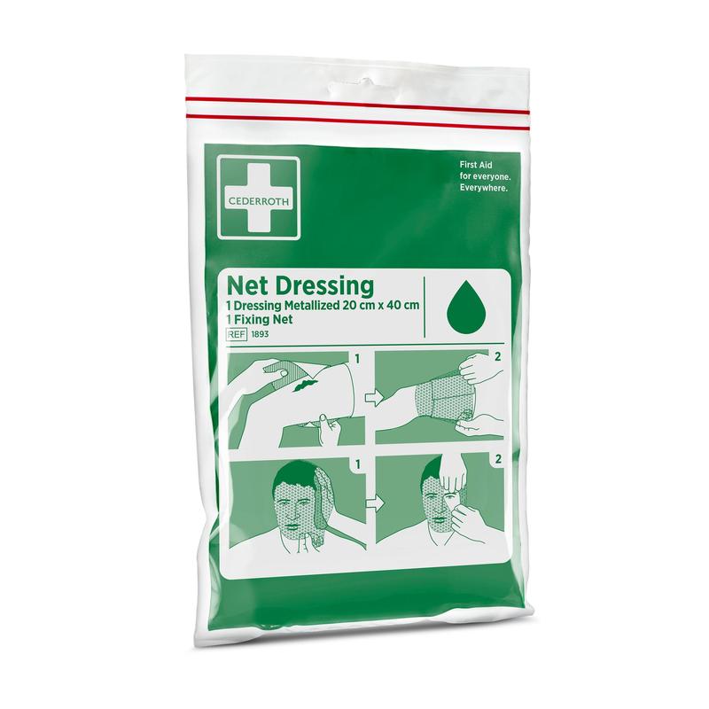 Una confezione di Cederroth Rete Bendaggio | Confezione (1 pezzo) di Orkla Wound Care AB con confezione verde e bianca mostra una guida illustrata per l'applicazione della rete elastica su un braccio e sulla testa.